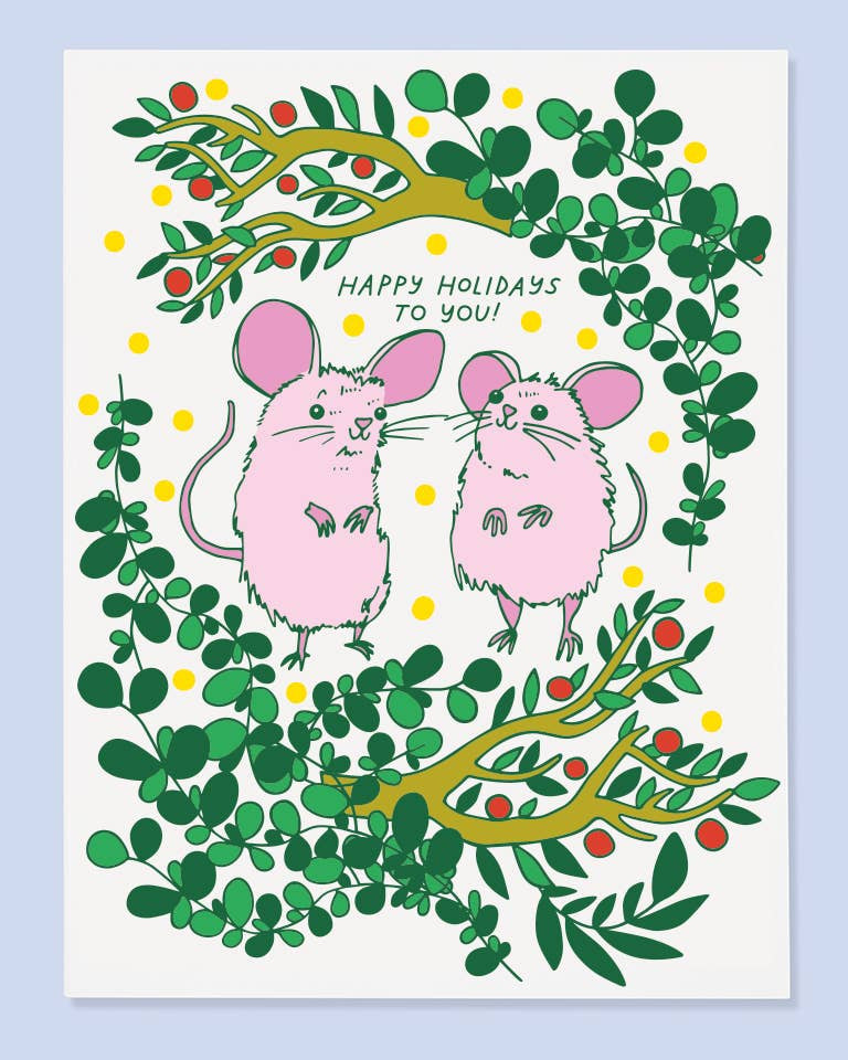 Illustration of two pink mice surrounded by green leaves and branches with 'Happy Holidays to you!' text on a light blue background.