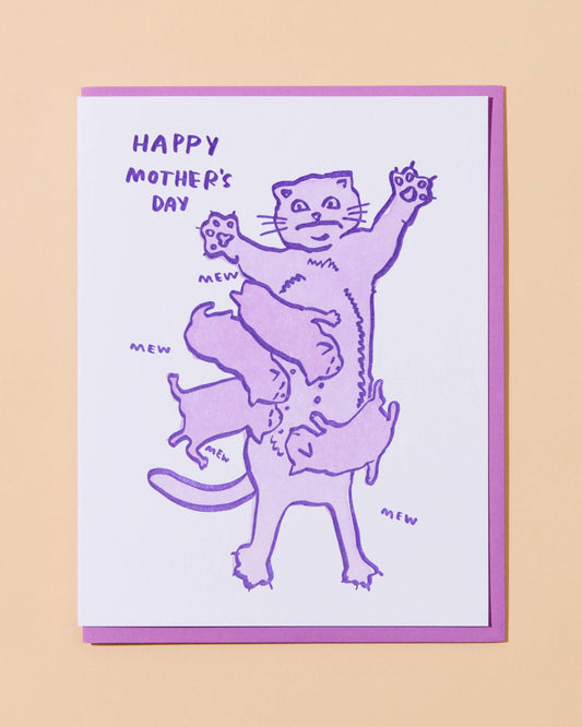 Mother's Day card with purple cat illustration on a beige background