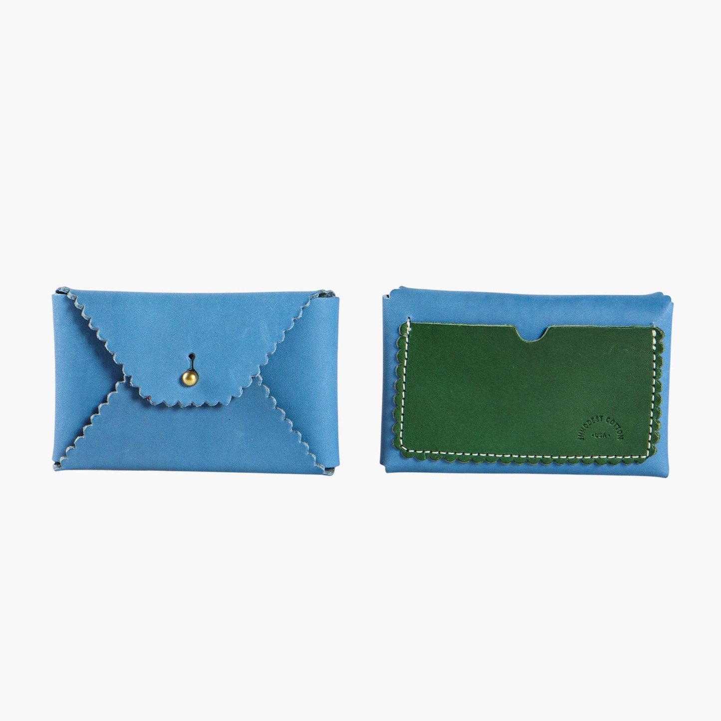 Blue and green Italian leather wallet on a white background.