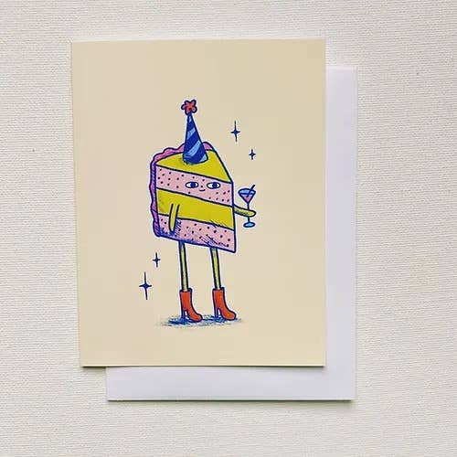 Greeting card with a colorful birthday cake design on a beige background