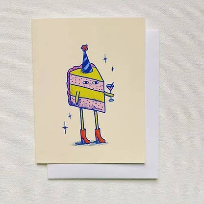 Greeting card with a colorful birthday cake design on a beige background