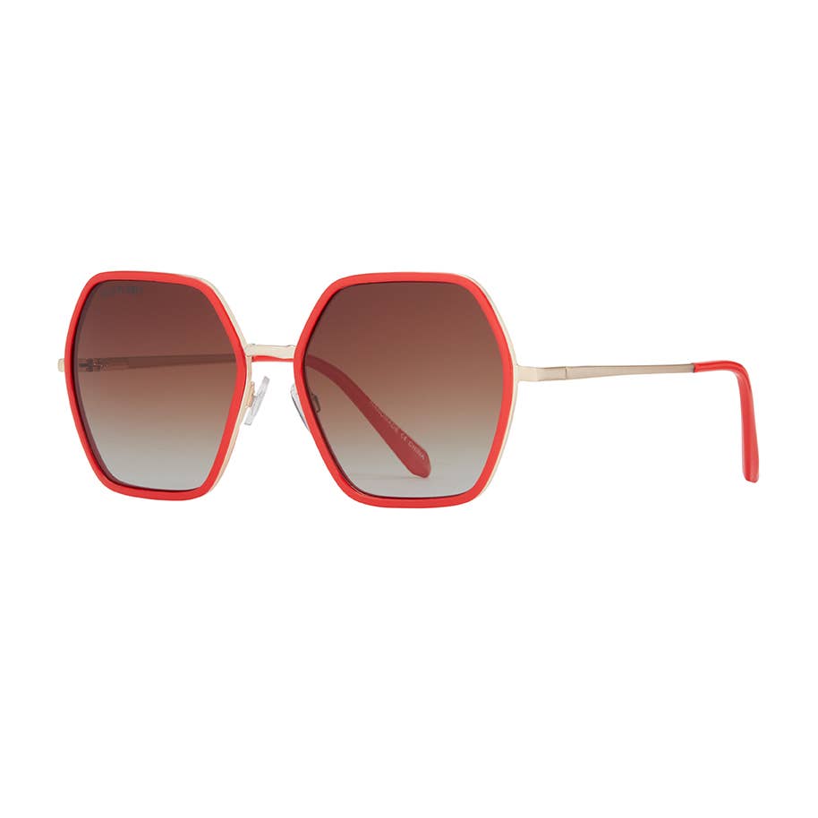 eco-friendly Sunglasses with a red frame and brown polarized lenses on a white background