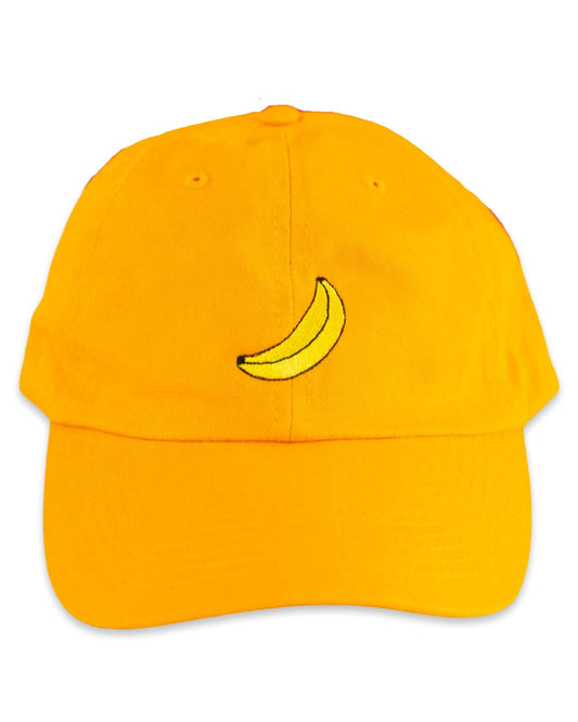 yellow cotton baseball cap with a banana stitched on the front