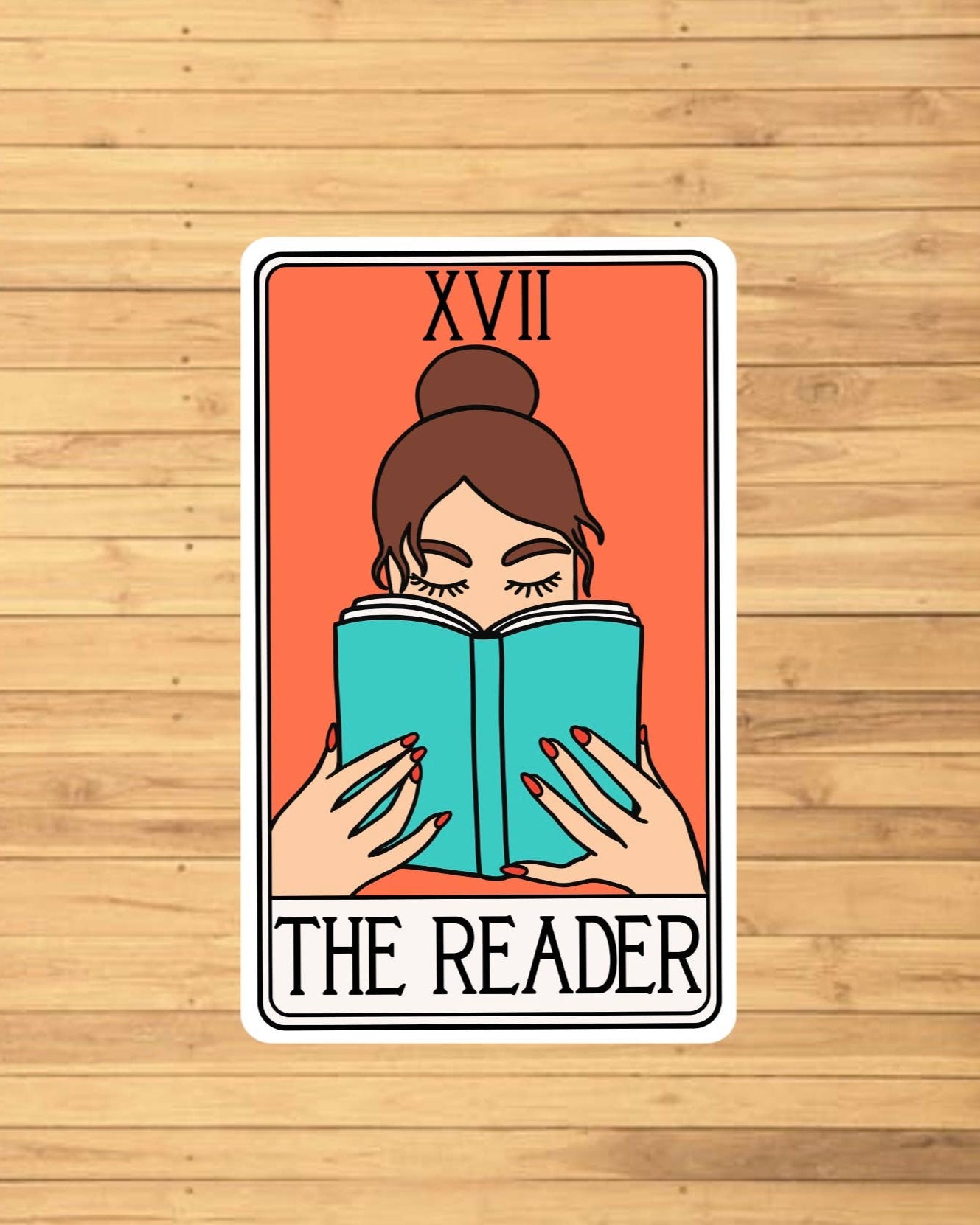 vinyl sticker of a tarot card that says The Reader and features a person reading a blue book