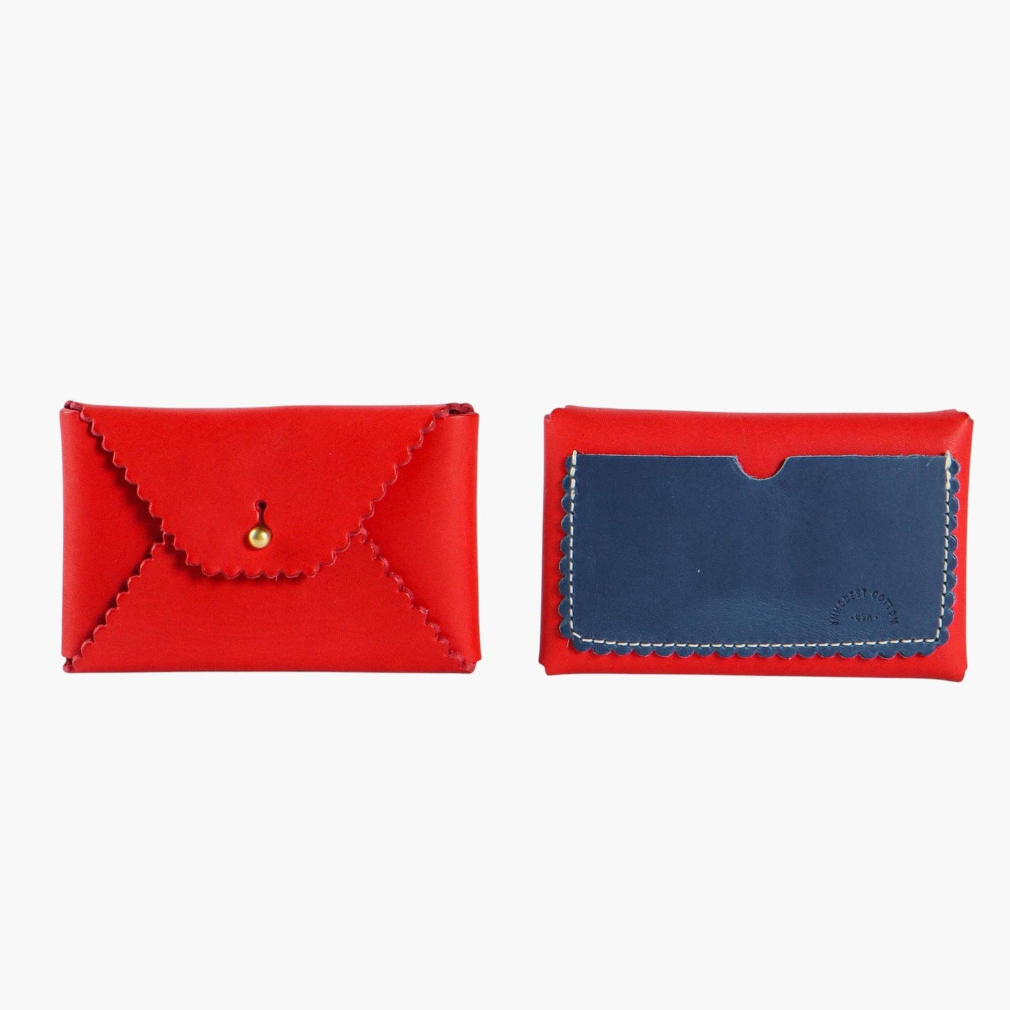 Two red leather wallets, one with a flap and button, the other with a blue interior, on a white background.