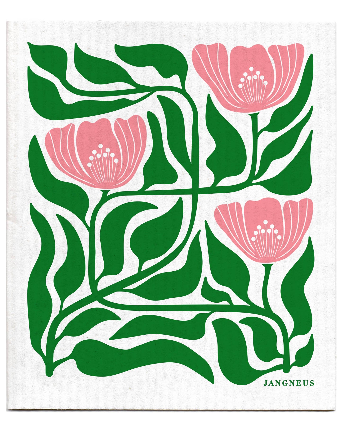 Swedish dishcloth with a green and pink floral pattern by Jangneus on a white background.