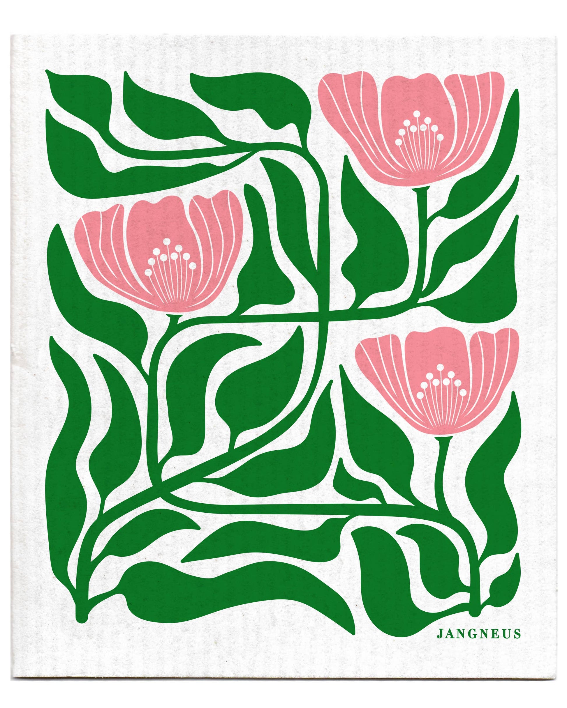 Swedish dishcloth with a green and pink floral pattern by Jangneus on a white background.
