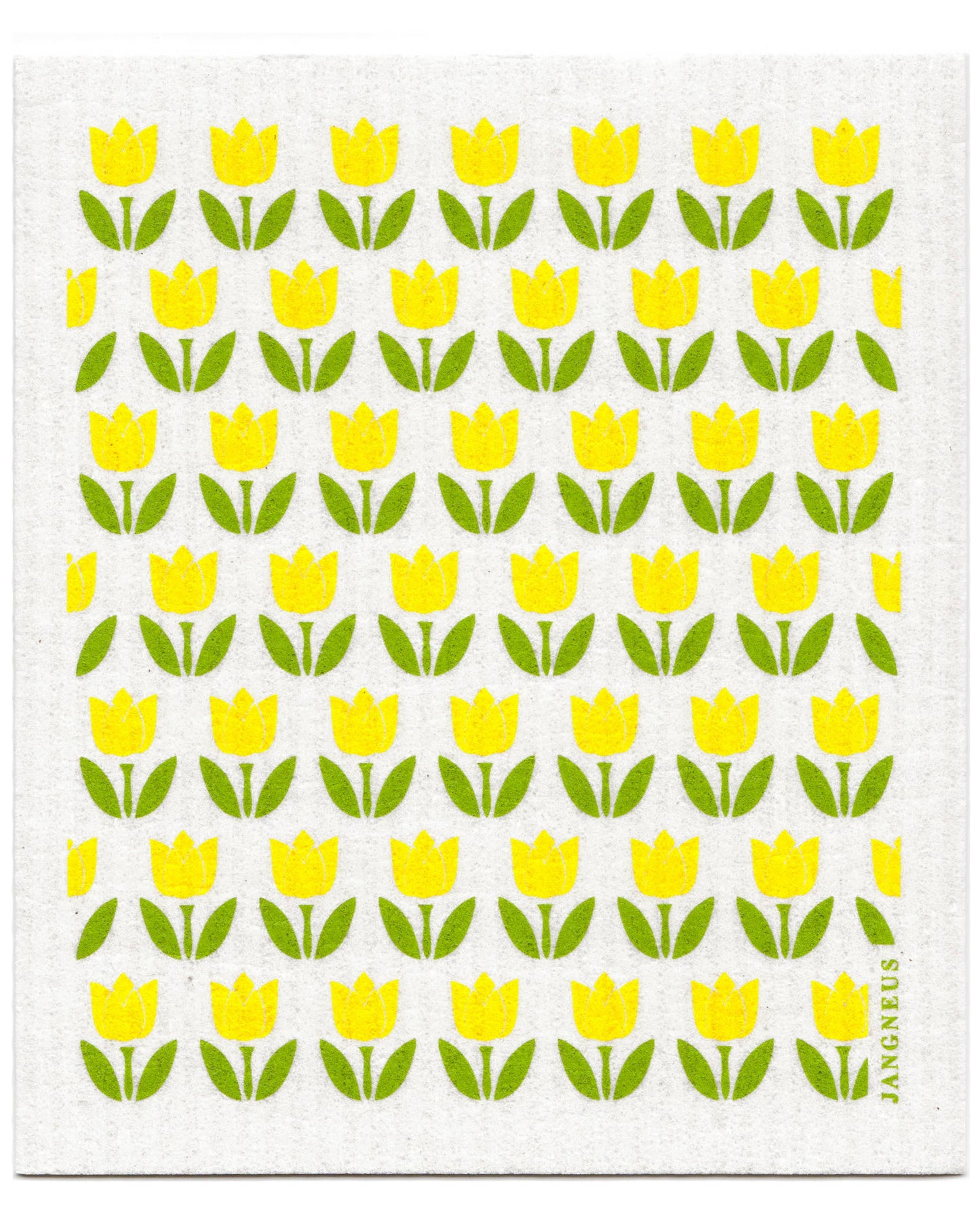 A square white dishcloth featuring a repeating pattern of yellow tulips with green leaves, 