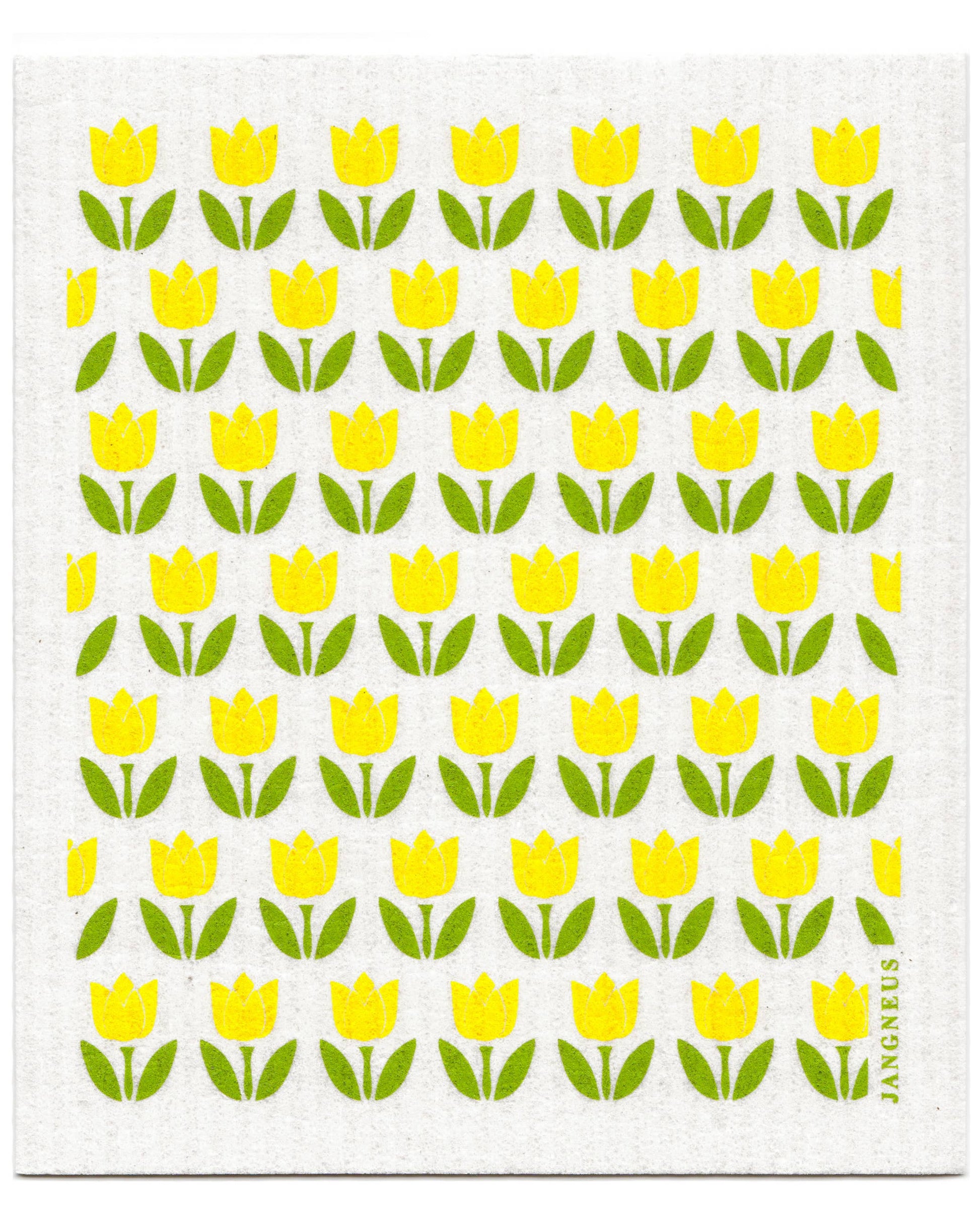 A square white dishcloth featuring a repeating pattern of yellow tulips with green leaves, 