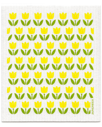 A square white dishcloth featuring a repeating pattern of yellow tulips with green leaves, 