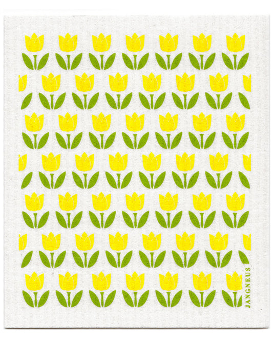 A square white dishcloth featuring a repeating pattern of yellow tulips with green leaves, 