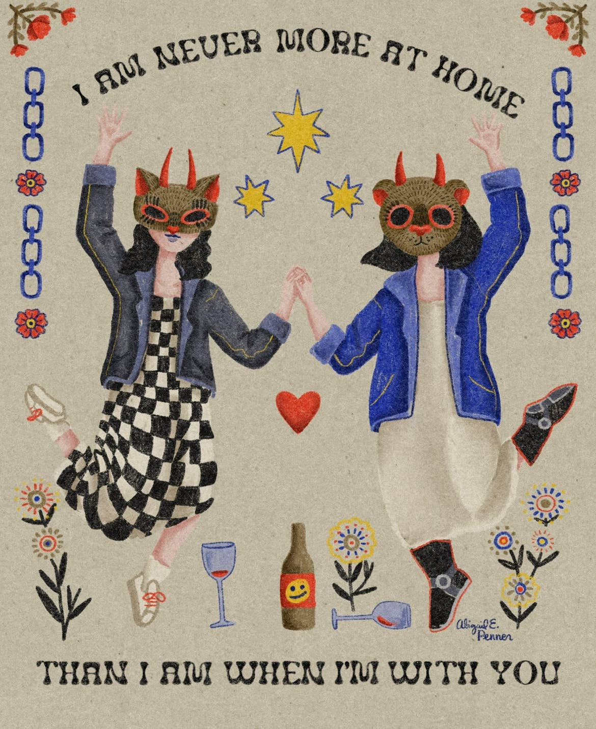 Illustration of two people in animal masks holding hands with decorative elements and text on a beige background.