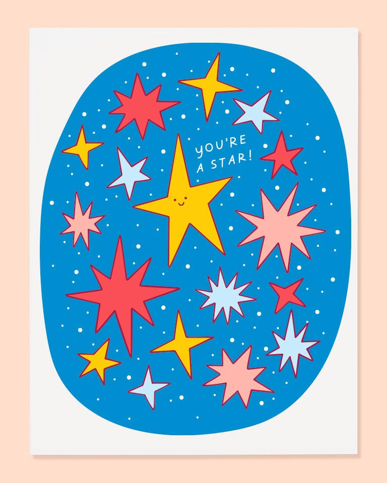 Colorful greeting card with star illustration and 'You're a Star!' text on a blue background