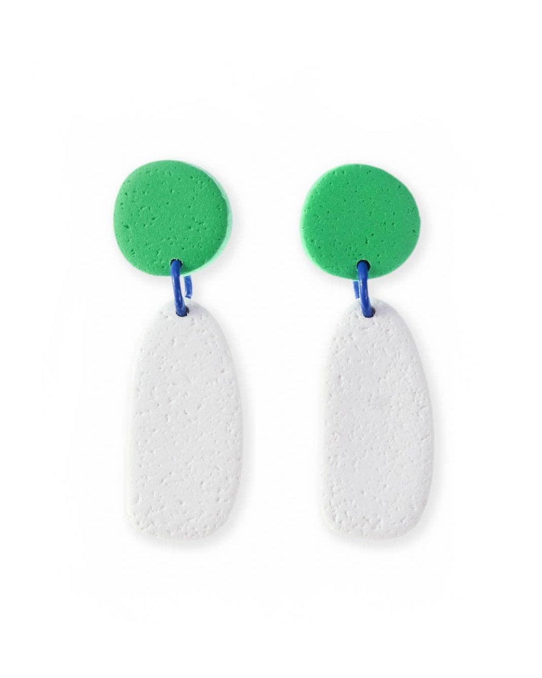 Pair of earrings with green circular tops and white teardrop-shaped bottoms on a white background