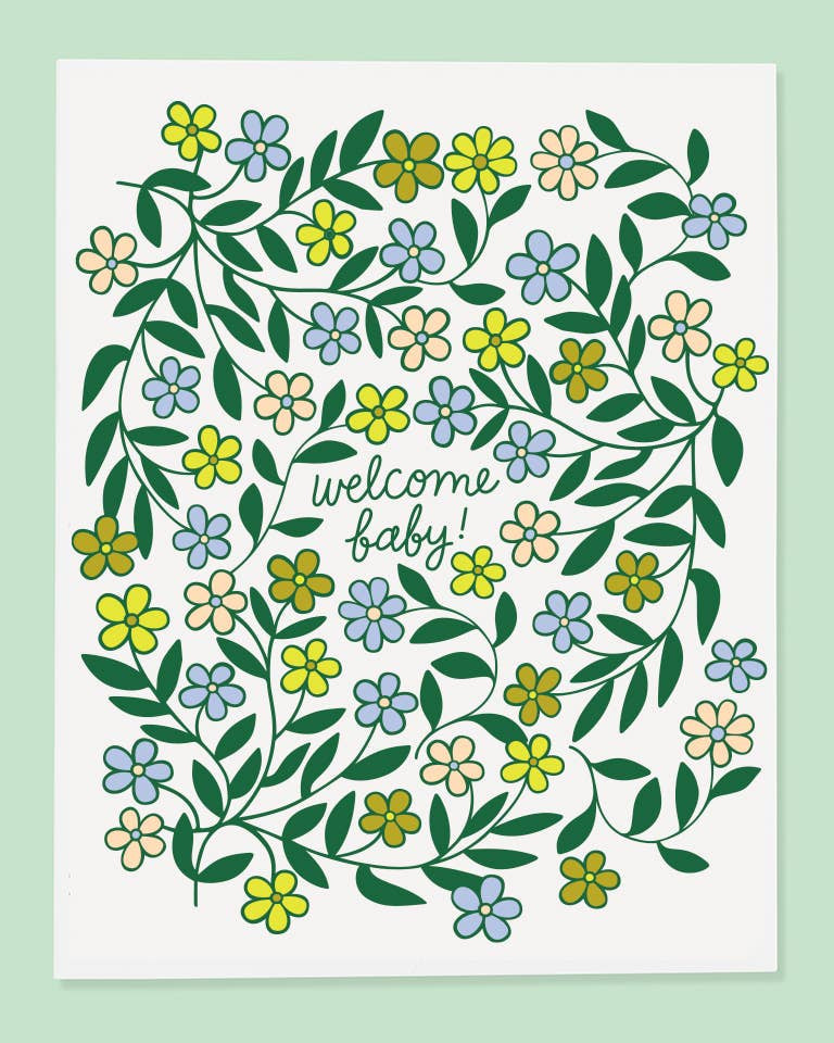 Floral wreath card with 'welcome baby!' text on a light green background