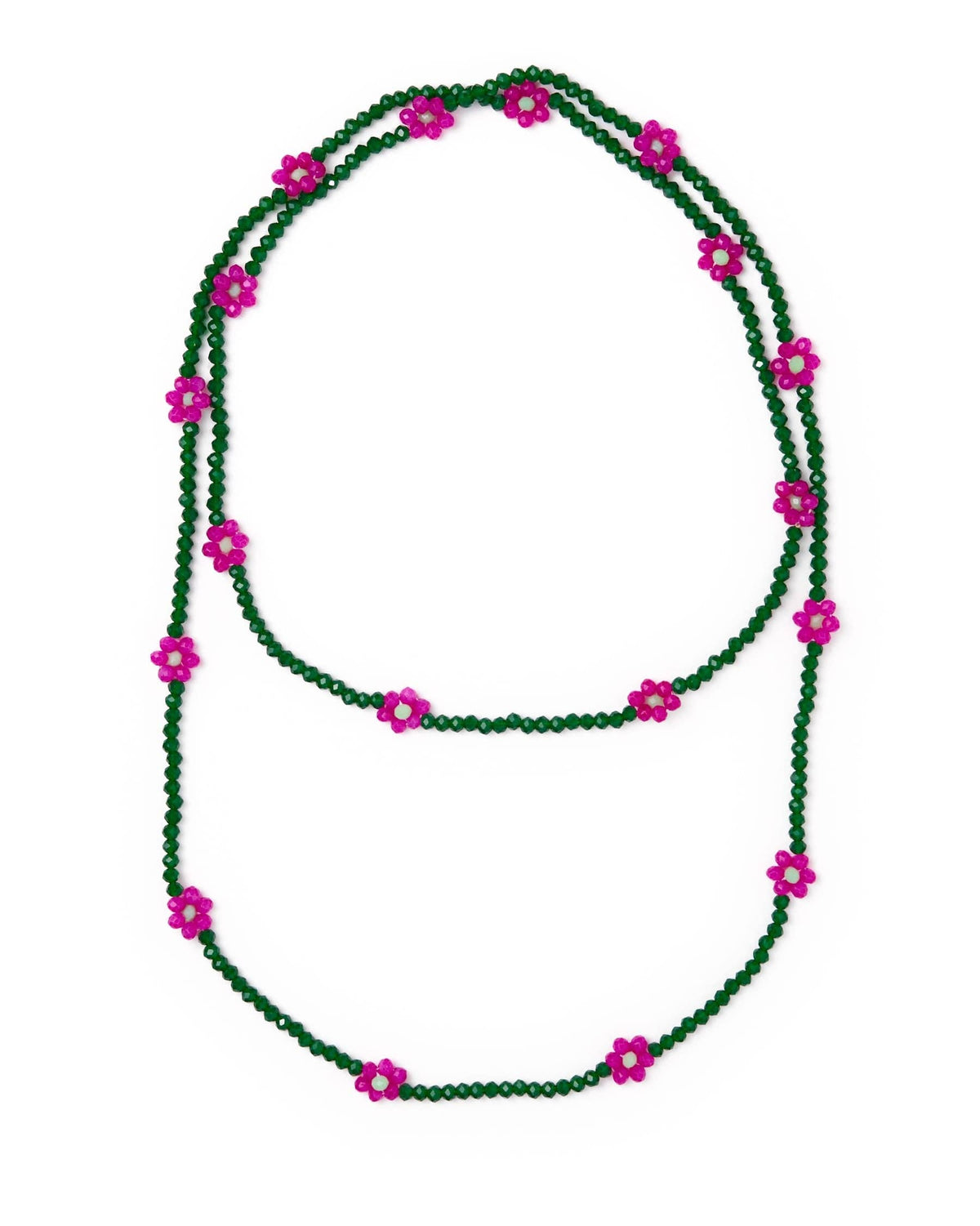 A single-strand beaded necklace featuring dark green beads and bright pink flower-shaped accents, displayed against a solid white background.