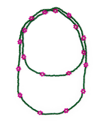 A single-strand beaded necklace featuring dark green beads and bright pink flower-shaped accents, displayed against a solid white background.