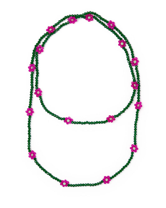 A single-strand beaded necklace featuring dark green beads and bright pink flower-shaped accents, displayed against a solid white background.