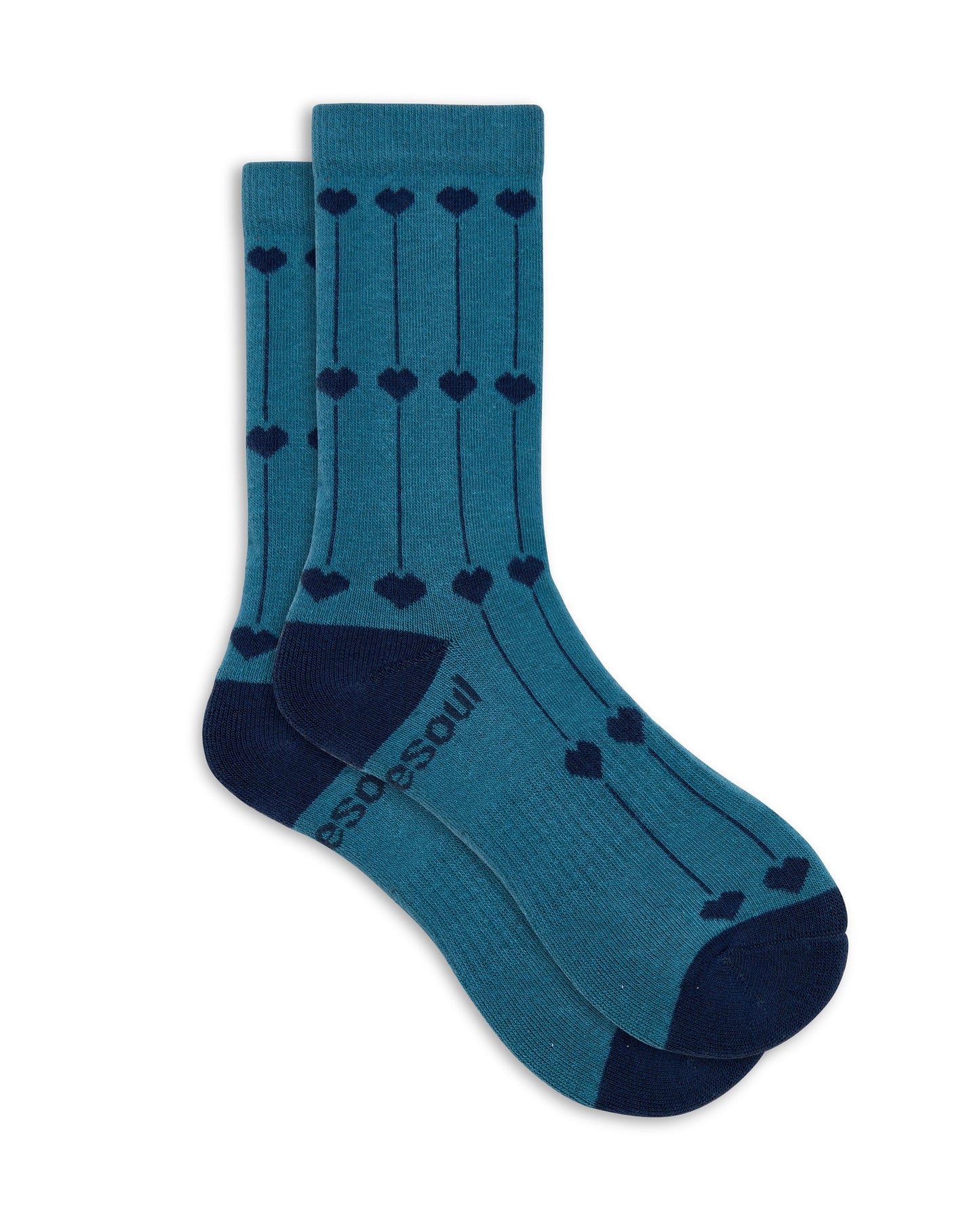 Pair of teal socks with navy hearts on a white background