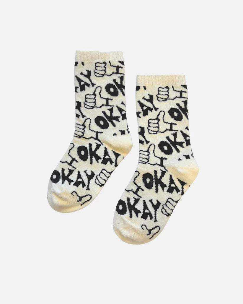 cream kid socks that have a thumbs up and say okay