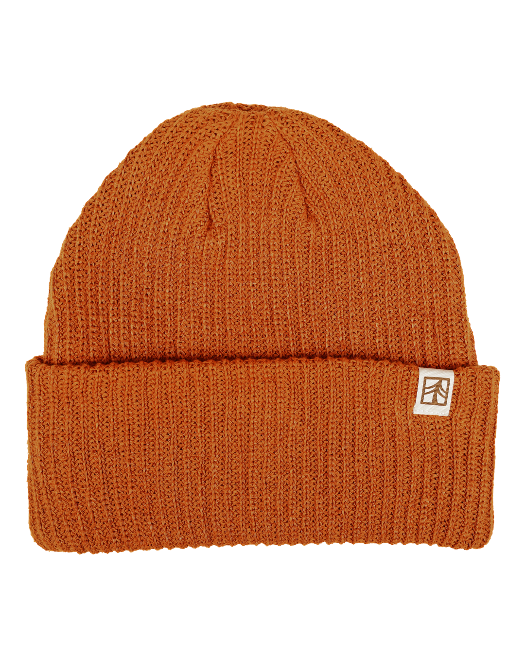 organic cotton Orange knit beanie with a small logo on a white background