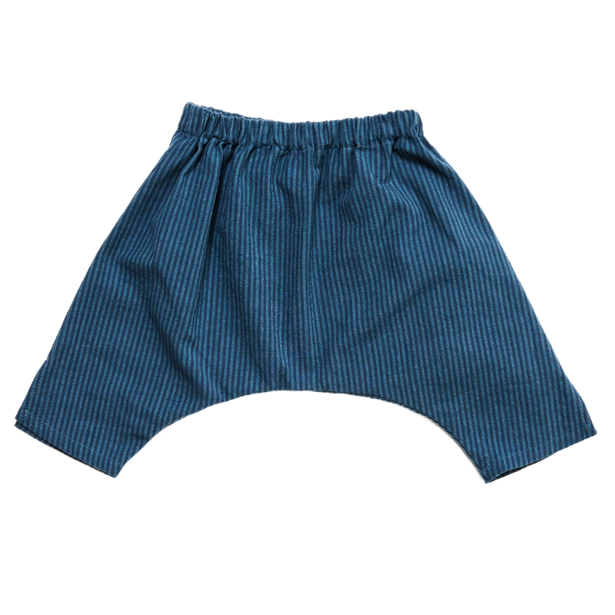 blue striped cotton play pants lying flat 