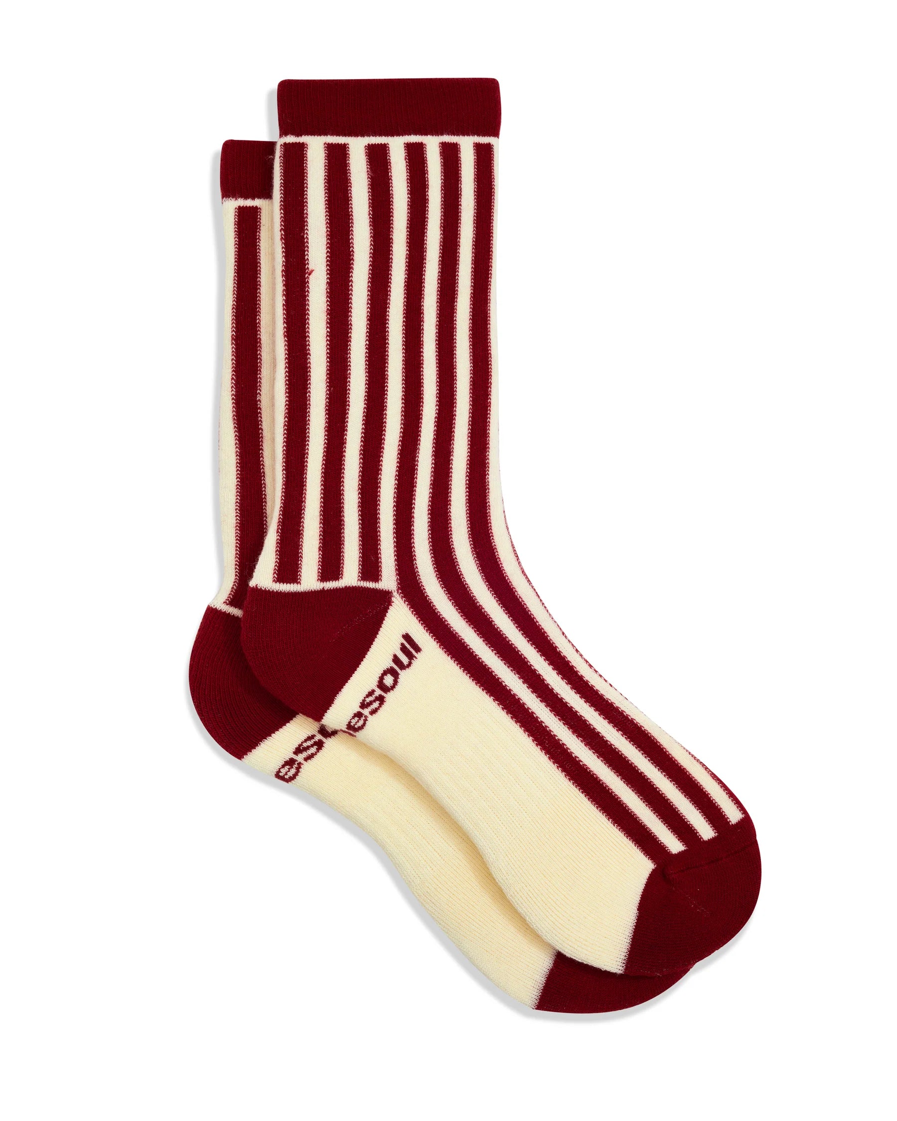 organic cotton Red and white striped socks with  on a white background