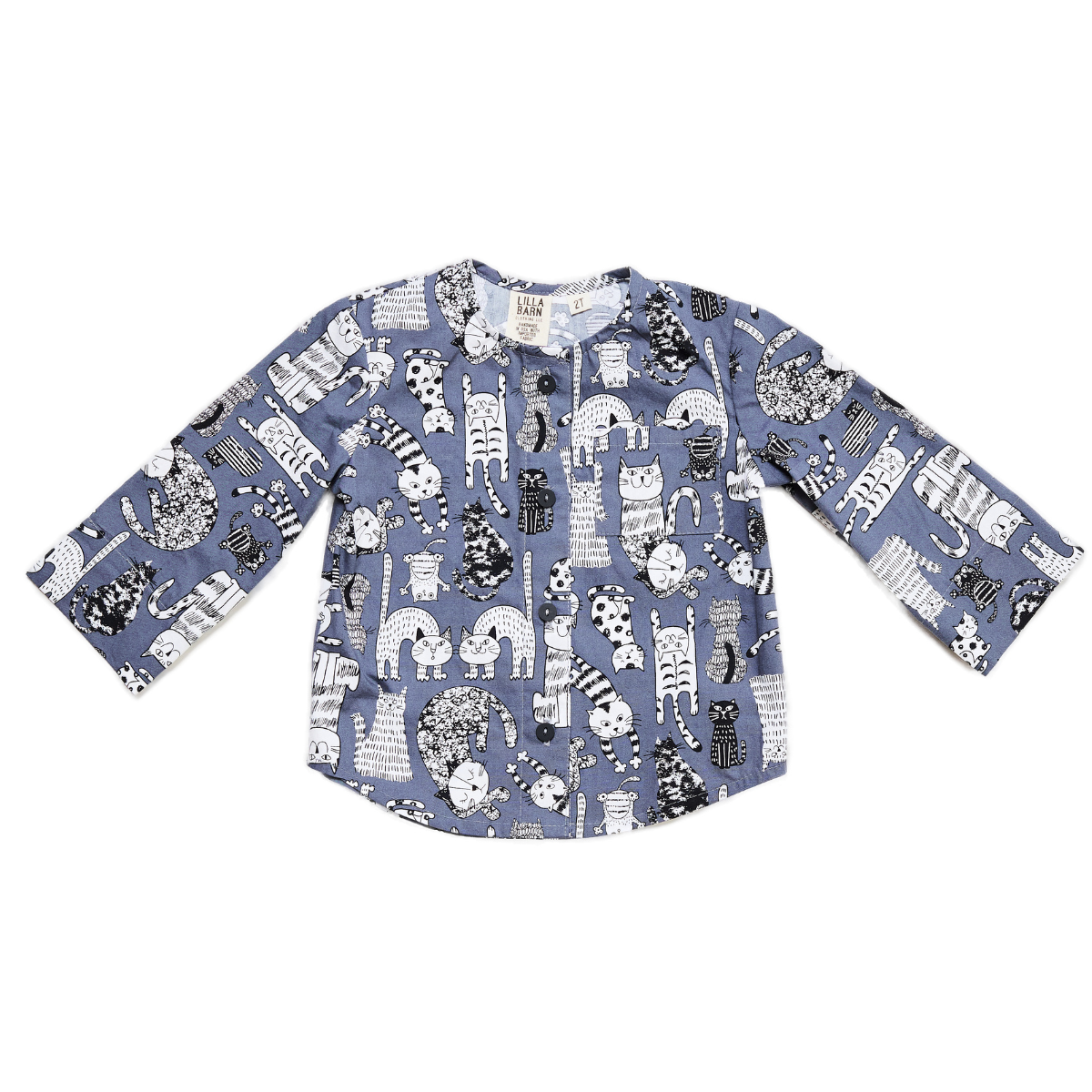 Toddler collar-less button down shirt with a chest pocket and sleeve cuffs that can be rolled up. The shirt is gray with illustrated black and white cats on it. 
