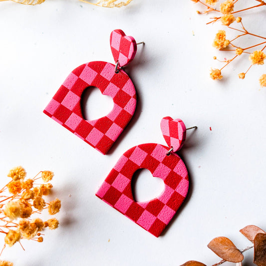 Checkerboard Heart Cutout Dangle Earrings