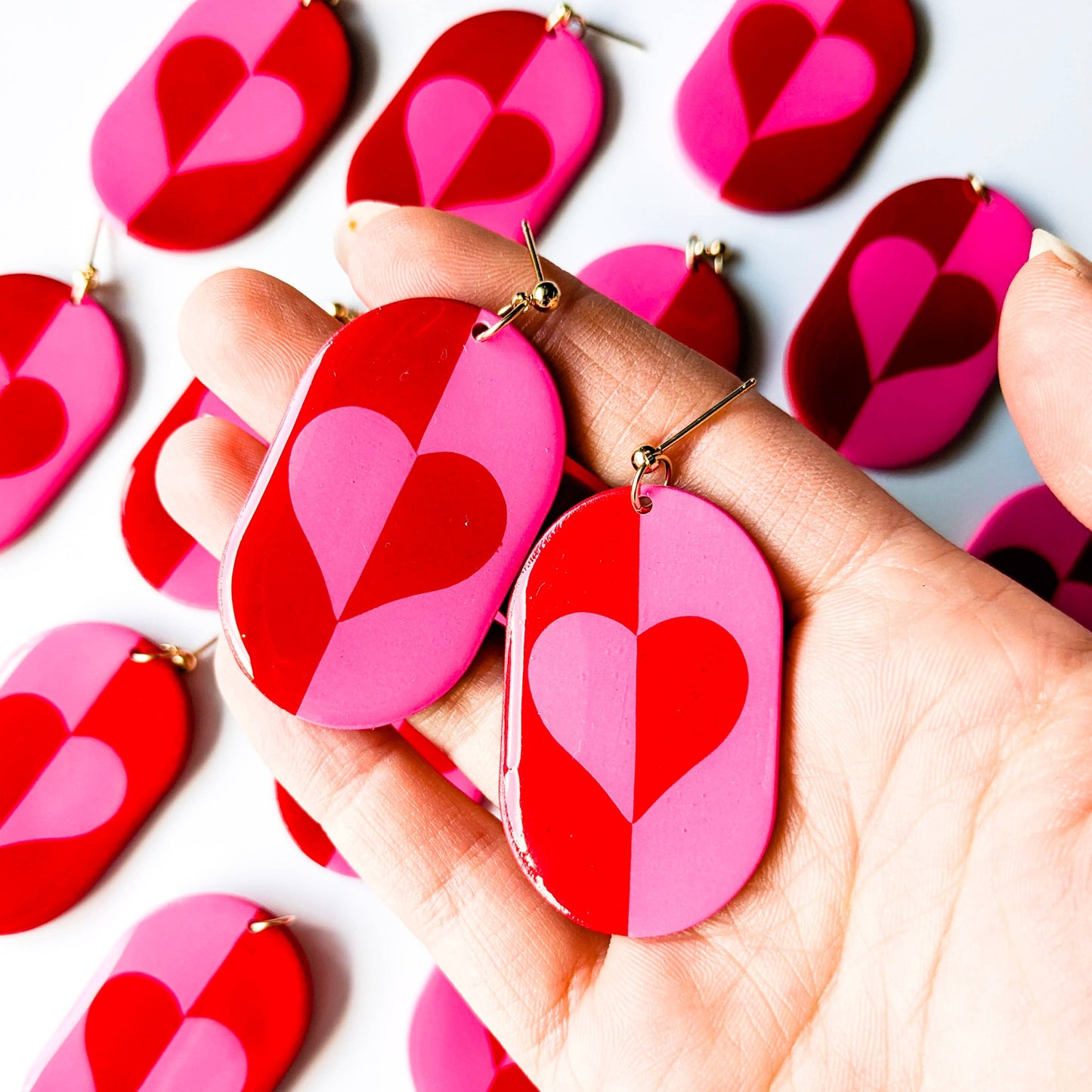 Heart Dangle Earrings - Pink And Red